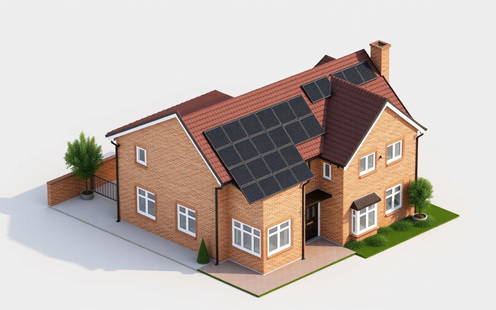3D rendering of a UK home with solar panel layout